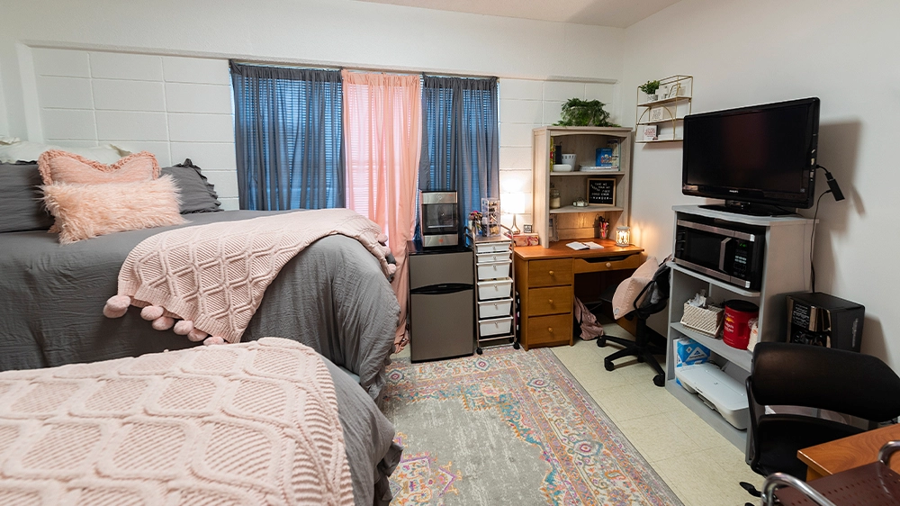 University Hall bedroom featuring two lofted beds with pink and gray bedding, a colorful rug, and a shared TV stand, mini fridge, microwave, and desk with shelving