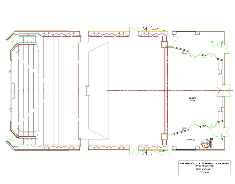 A map of Riceland Hall's stage, seating, and behind-the-scenes areas.